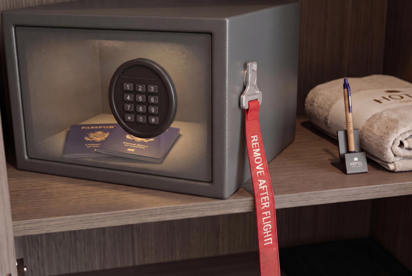 Passport Safe in Hotel Room with 'Remove After Flight' Tag A close-up photograph of a grey hotel safe on a dark wood shelf in a closet. Inside the safe, two blue US passports are visible. On the safe's metal handle, a red fabric 'REMOVE AFTER FLIGHT' tag is attached with a magnet. Stacked hotel towels, a pen, and